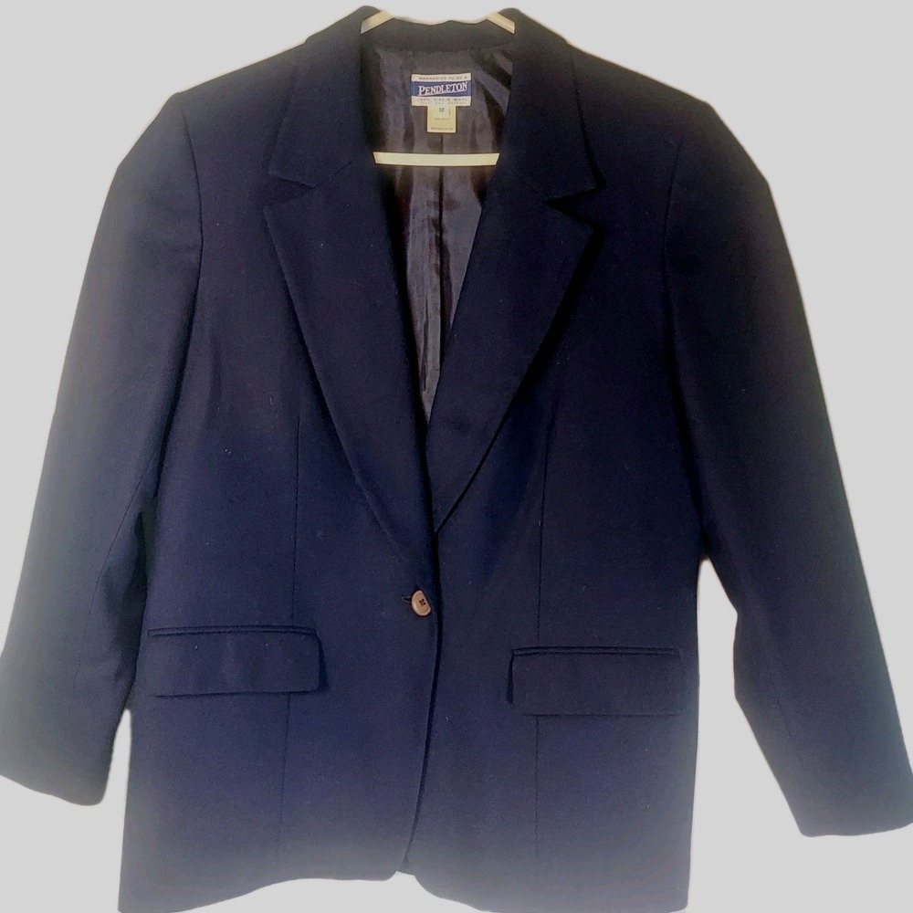 VTG Pendleton 100% Virgin Wool USA Navy Blue Blazer Jacket Sz L 12 One Button - Picture 4 of 5